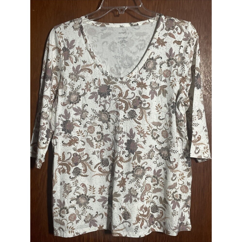 Pure Jill Blouse Women's Small Petite Floral 3/4 Sleeve V-Neck Artsy Shirt Top